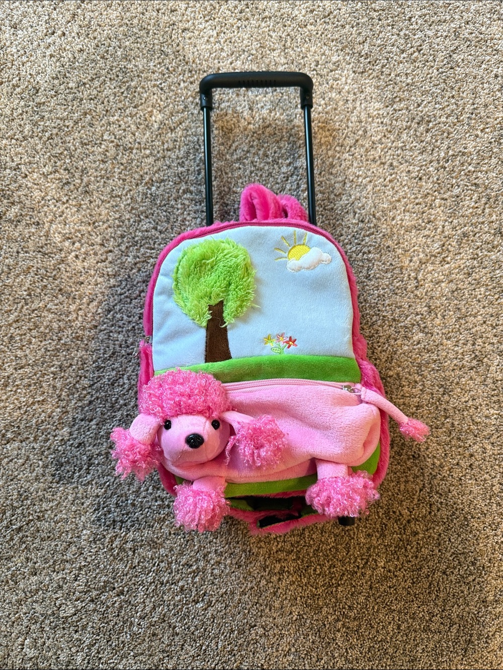 Kids Pink Plush Poodle Rolling Backpack - Cute Animal Trolley
